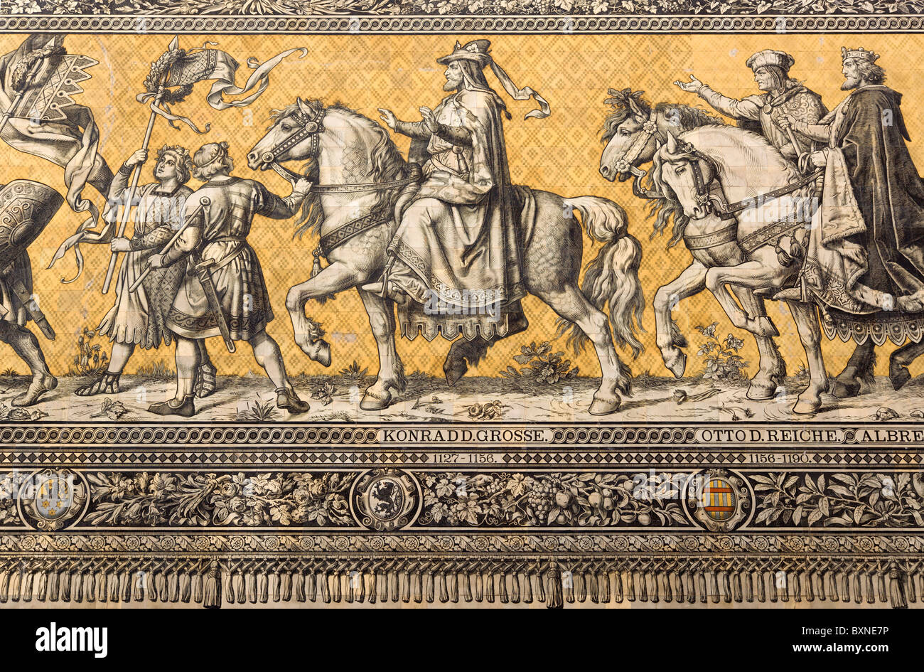 GERMANY Saxony Dresden Meissen tile mural Fürstenzug or Procession of Dukes in Auguststrasse. Detail showing Konrad The Great. Stock Photo