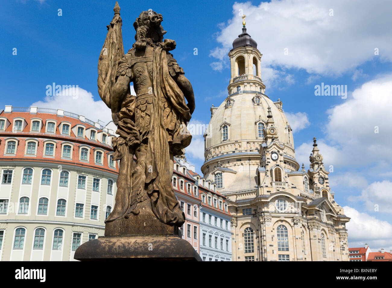 GERMANY Saxony Dresden Restored Baroque church of Frauenkirch Church of Our Lady and restored buildings in Neumarkt Square Stock Photo