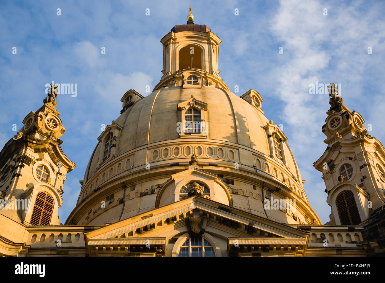 GERMANY, Saxony, Dresden, Detail in evening light of the Baroque Frauenkirche Church of Our Lady in Neumarkt square with dome Stock Photo