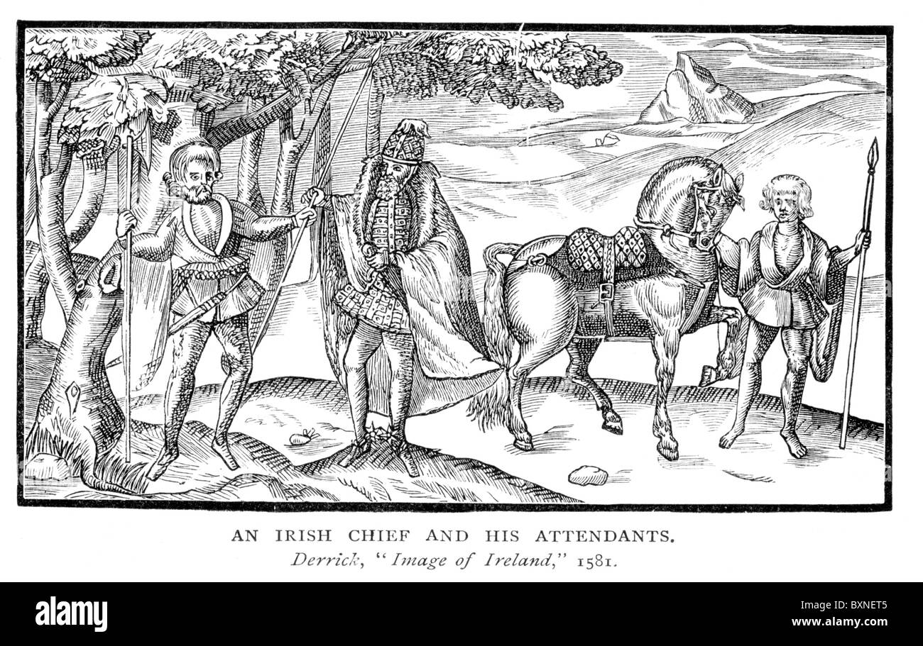 An Irish Chief and his Attendants, from 'Image of Irelande' by John Derrick, 1581; Black and White Illustration; Stock Photo