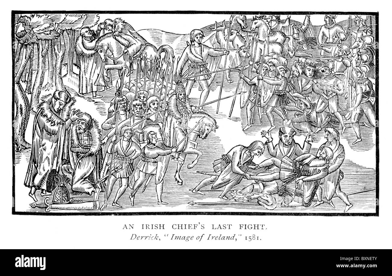 An Irish Chief's Last Fight from 'Image of Irelande' by John Derrick, 1581; Black and White Illustration; Stock Photo