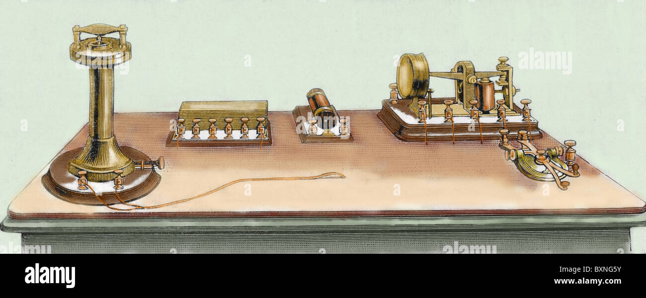 Phonoplex telegraph invented by Thomas Alva Edison (1847-1931). Engraving. Stock Photo
