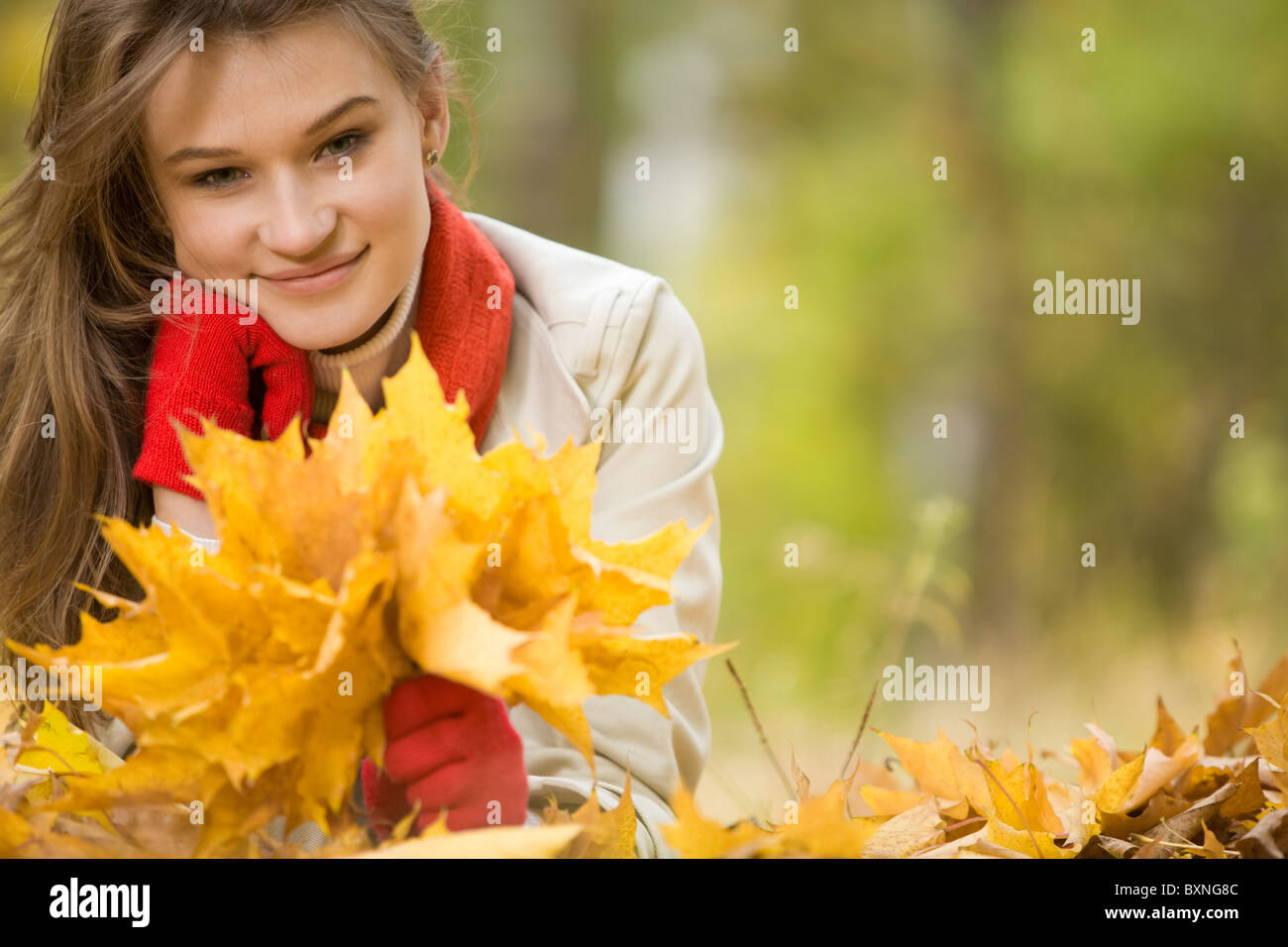 Portrait of charming woman with maple leaves looking at camera and ...