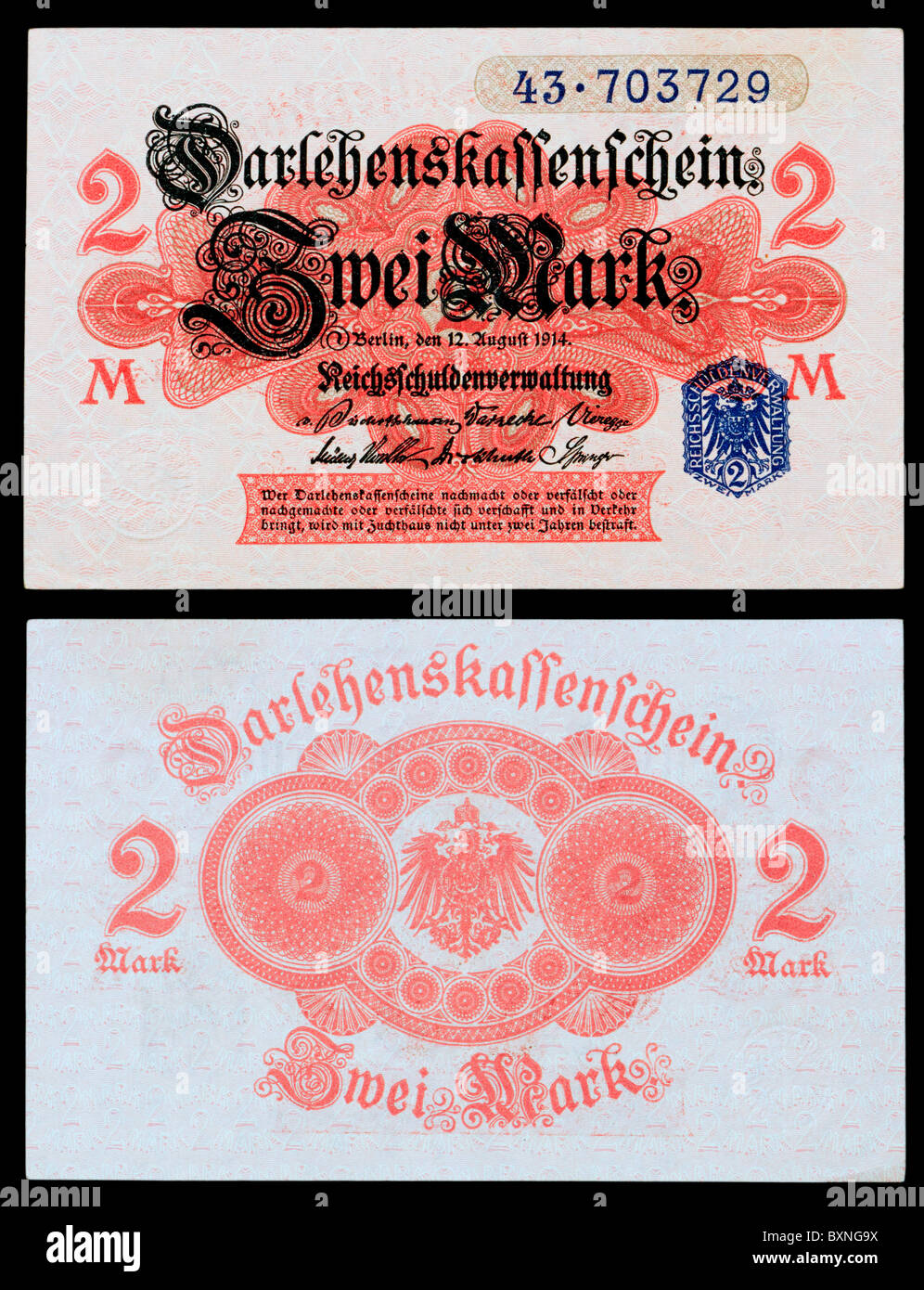 German Two / Zwei Mark banknote from 1914 Stock Photo