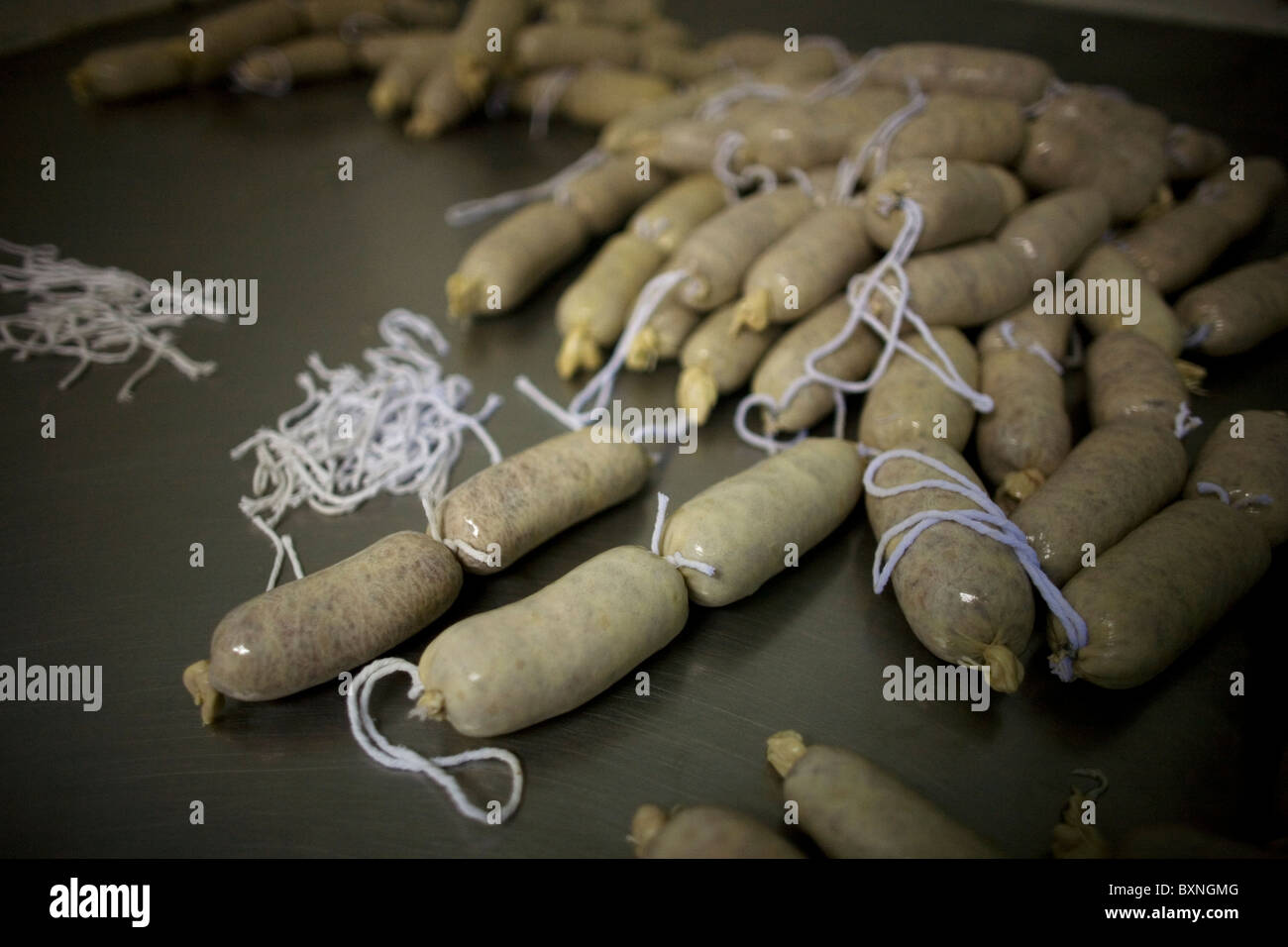 Sausages, or chorizos, made from Spanish Iberian pigs, in a meat shop