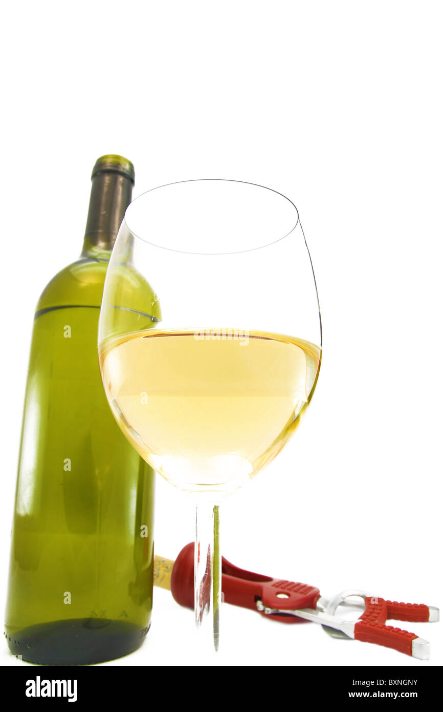 Glass of white wine with bottle on white background Stock Photo