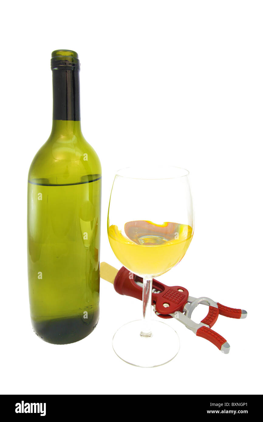 Glass of white wine with bottle on white background Stock Photo