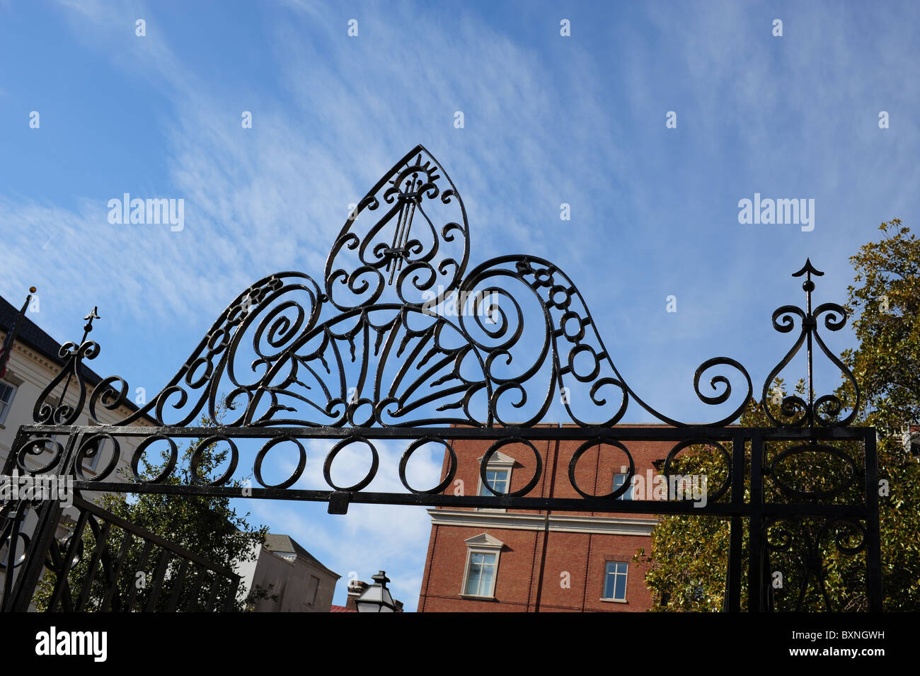 Wrought iron atop gate to Washington Park, Charleston, SC Stock Photo