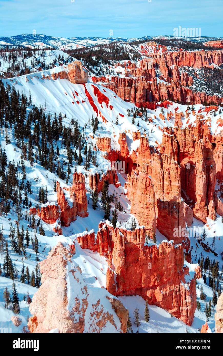 Bryce canyon panorama with snow in Winter with red rocks and blue sky