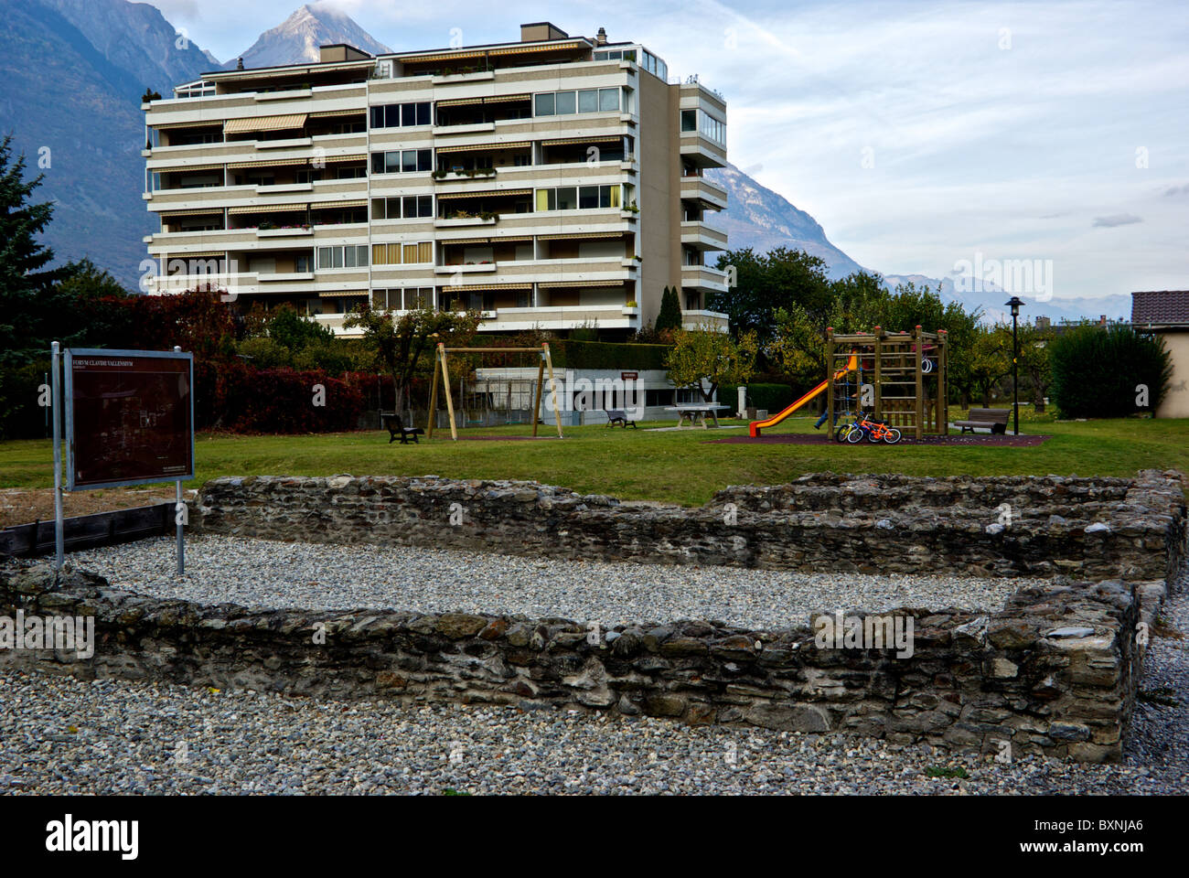 Archaeological excavations Roman building in children's playground Martigny Valais Switzerland Stock Photo