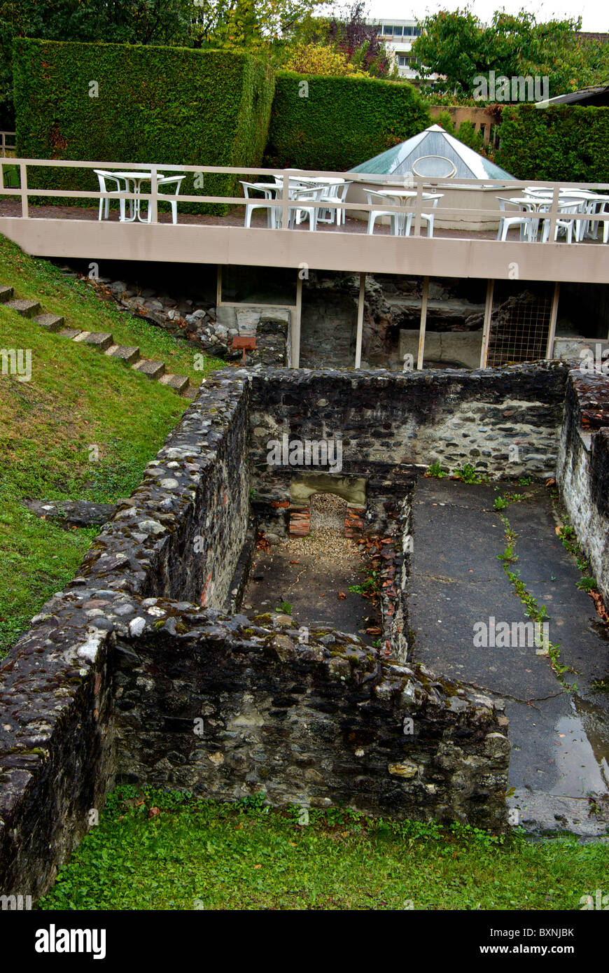 Archaeological excavation Roman toilet building preserved beneath Pierre Gianadda Foundation Museum outdoor park garden Martigny Stock Photo