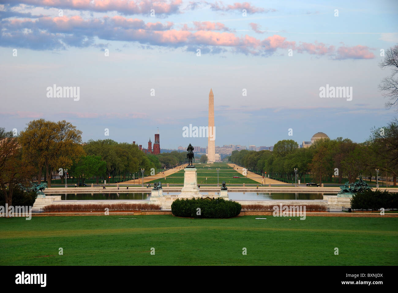 Washington DC national mall in the morning with colorful cloud and landmarks Washington monument. Stock Photo