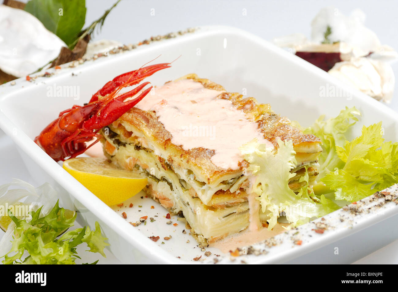 Traditional italian lasagne w seafood Stock Photo Alamy