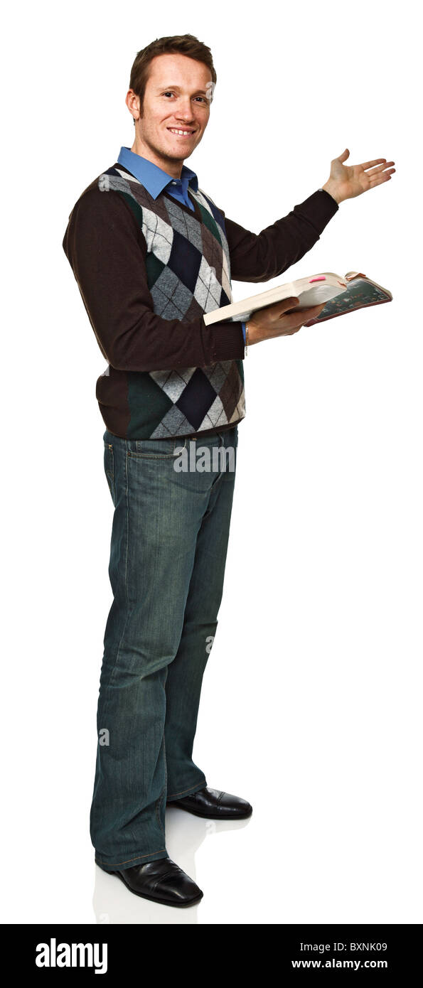 closeup image of caucasian standing teacher holding a book isolated on white Stock Photo