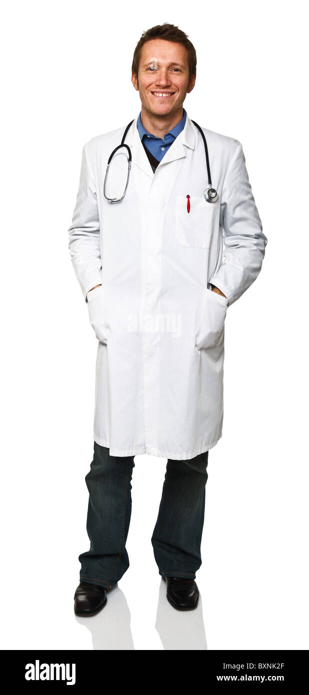 standing friendly young doctor isolated on white background Stock Photo