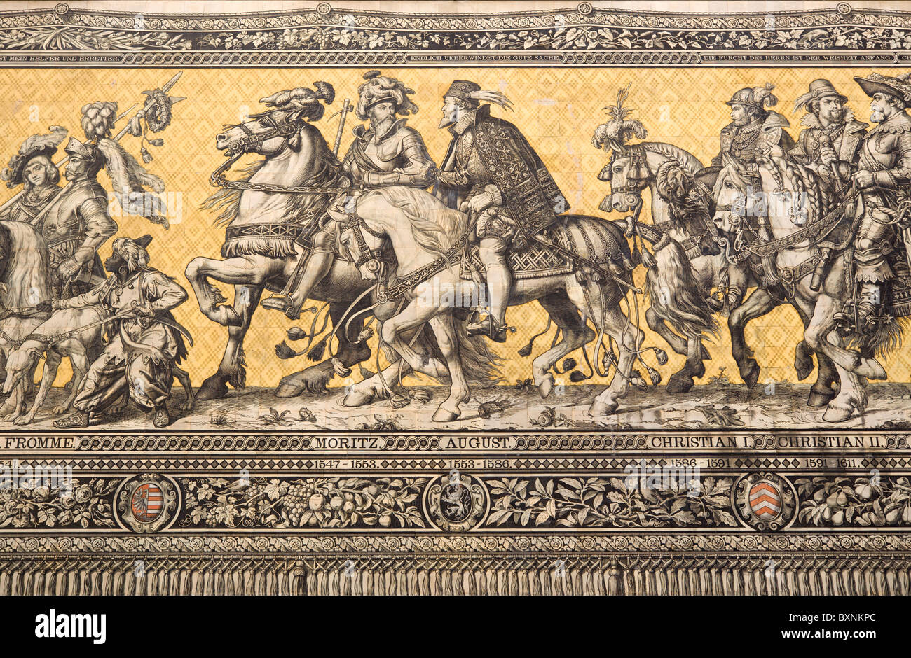 GERMANY Saxony Dresden Fürstenzug or Procession of Dukes in Auguststrasse a Meissen tile mural detail showing Moritz and August Stock Photo