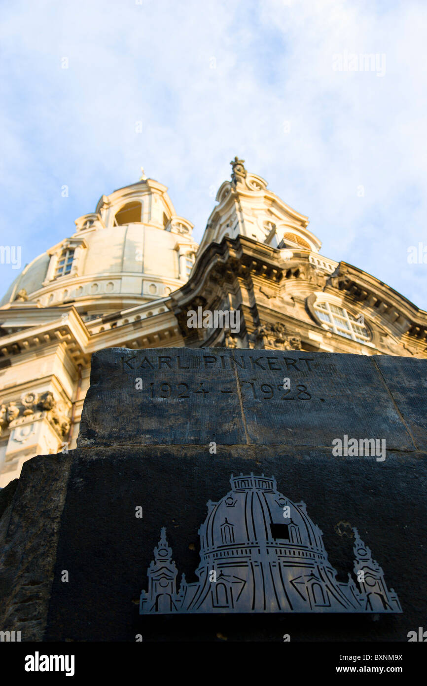 GERMANY Saxony Dresden Baroque Frauenkirche Church of Our Lady dome in Neumarkt square with Karl Pinkert Stone Stock Photo