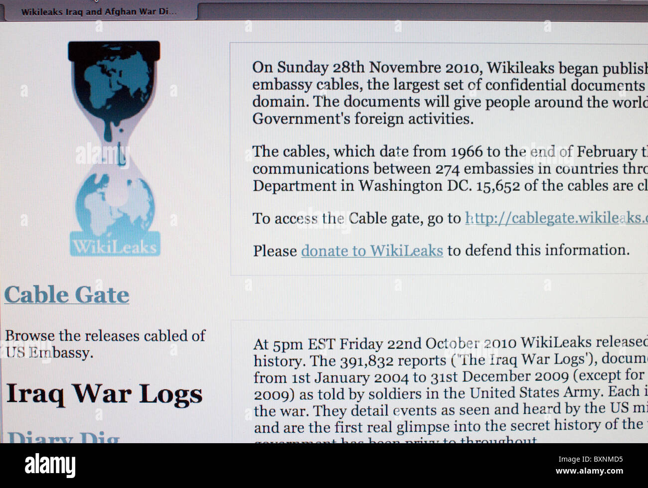 Screenshot of WikiLeaks website Stock Photo