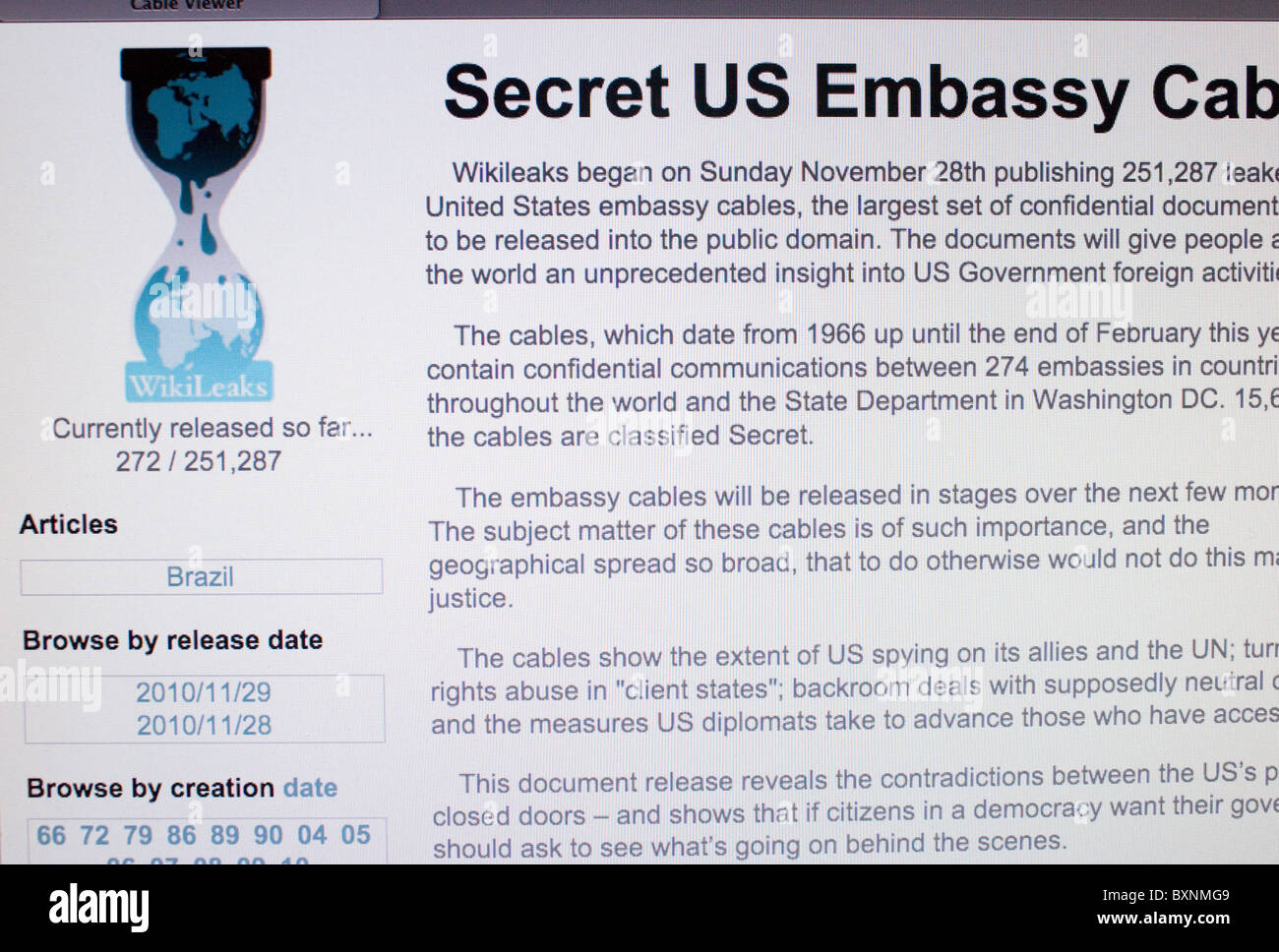 Screenshot of WikiLeaks website Stock Photo