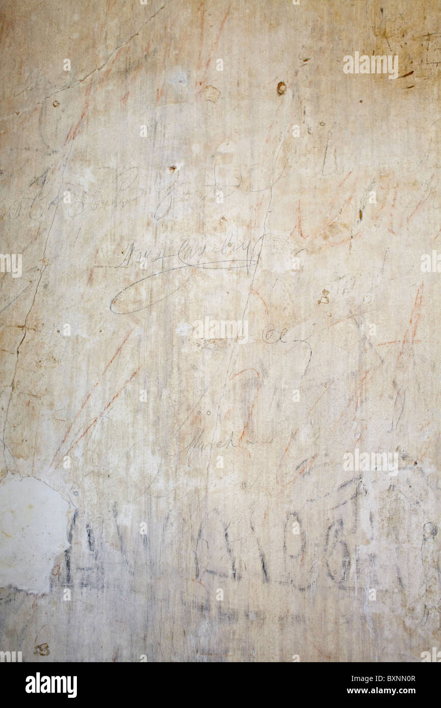 Original American Civil War soldier graffiti on the first floor interior walls of historic Blenheim, Fairfax, Virginia. Stock Photo