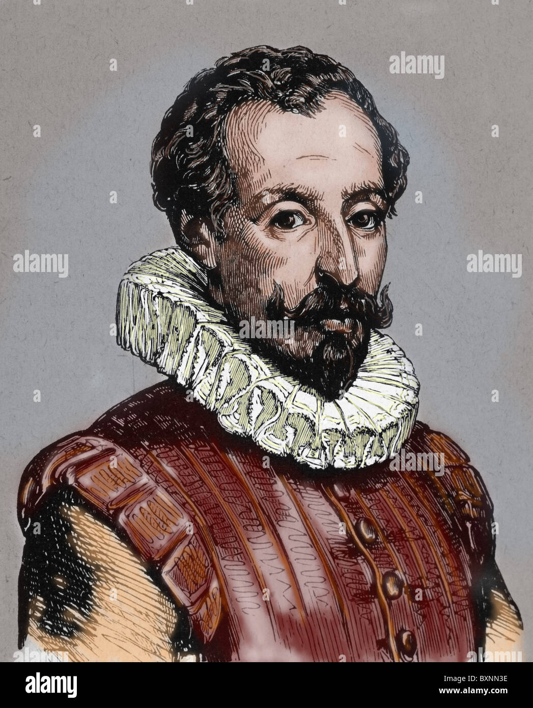CERVANTES, Miguel de (1547-1616). Spanish novelist, poet, and playwright. Colored engraving. Stock Photo