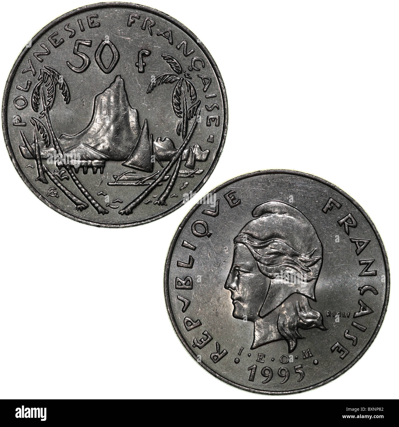 New Caledonia 50F coin with a Marianne head (obverse) engraved by R. Joly and Moorea Harbor (reverse) designed by A. Guzman-Nageotte Stock Photo
