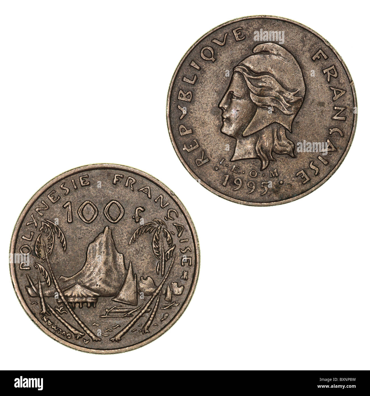 New Caledonia 100F coin with a Marianne head (obverse) engraved by R. Joly and Moorea Harbor (reverse) designed by A. Guzman-Nageotte Stock Photo
