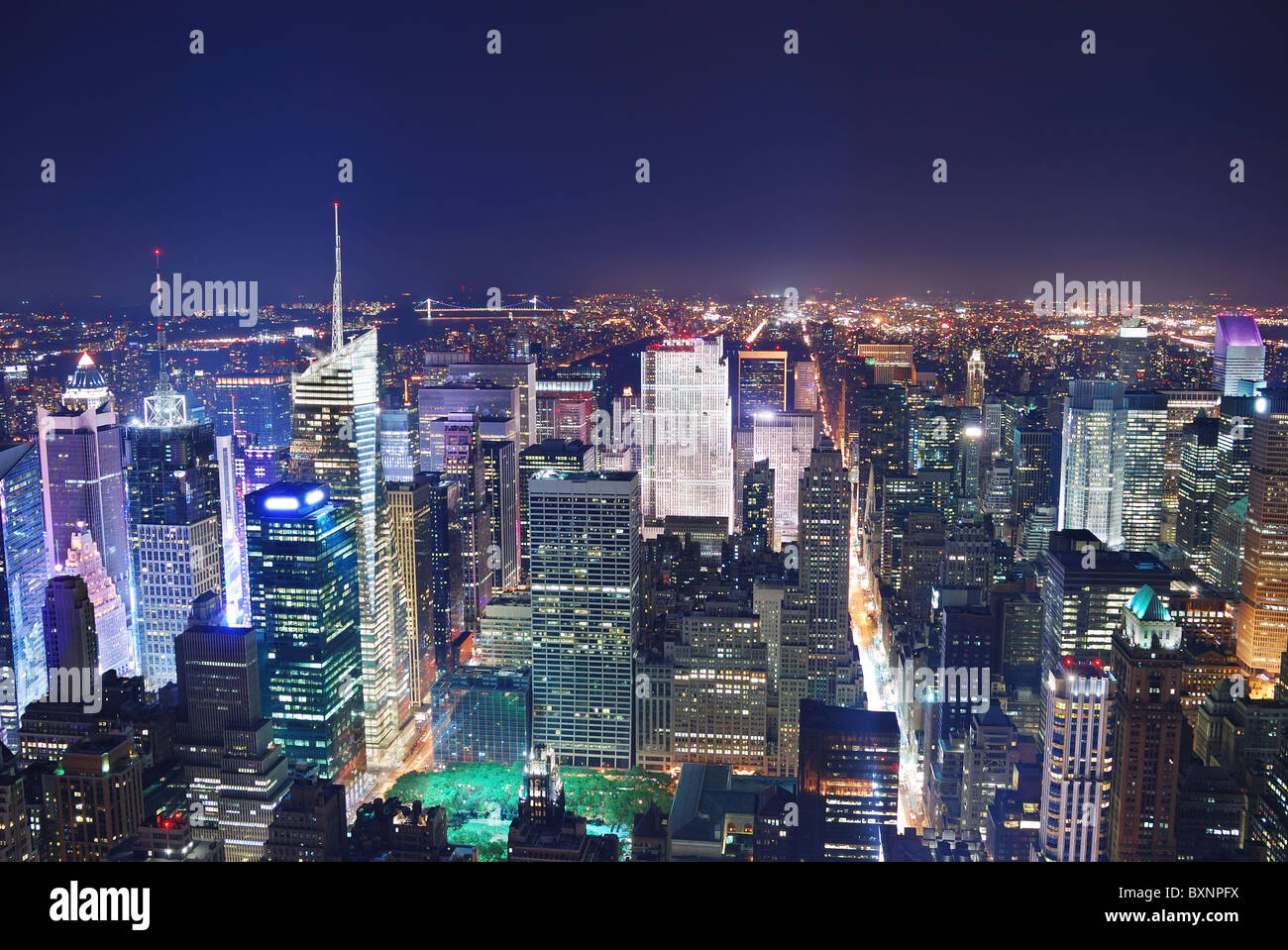 New York City Manhattan Times Square Panorama Aerial View At Night With Office Building Skyscrapers Skyline Illuminated Stock Photo Alamy
