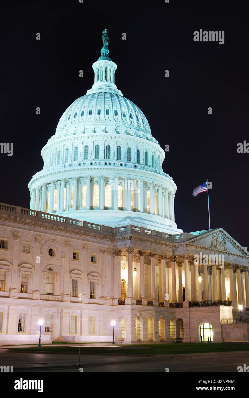 Capitol hill building closeup at night illuminated with light, Washington DC. Stock Photo