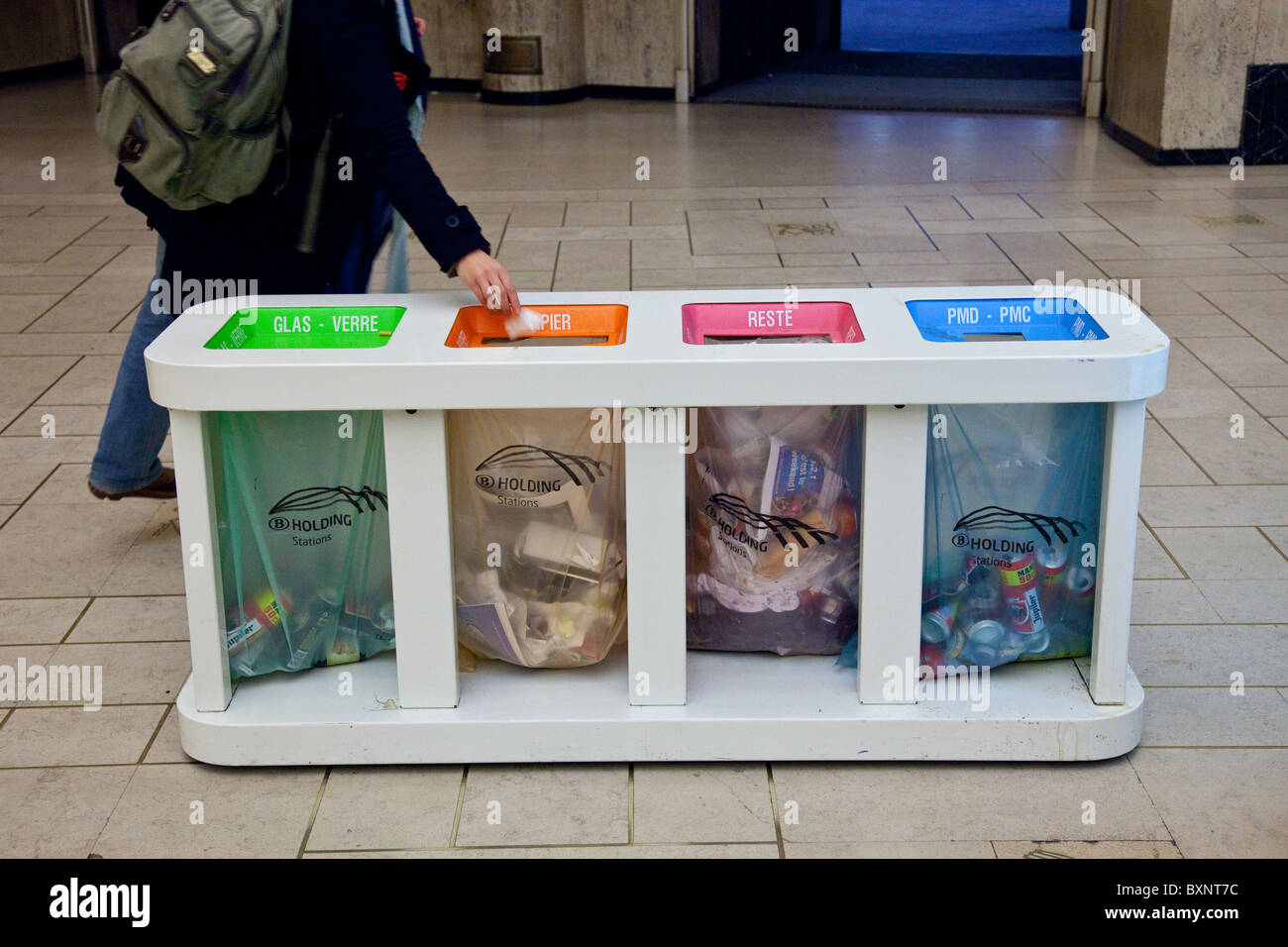 Recyling bins in the railway station in Brussels, Belgium Stock Photo