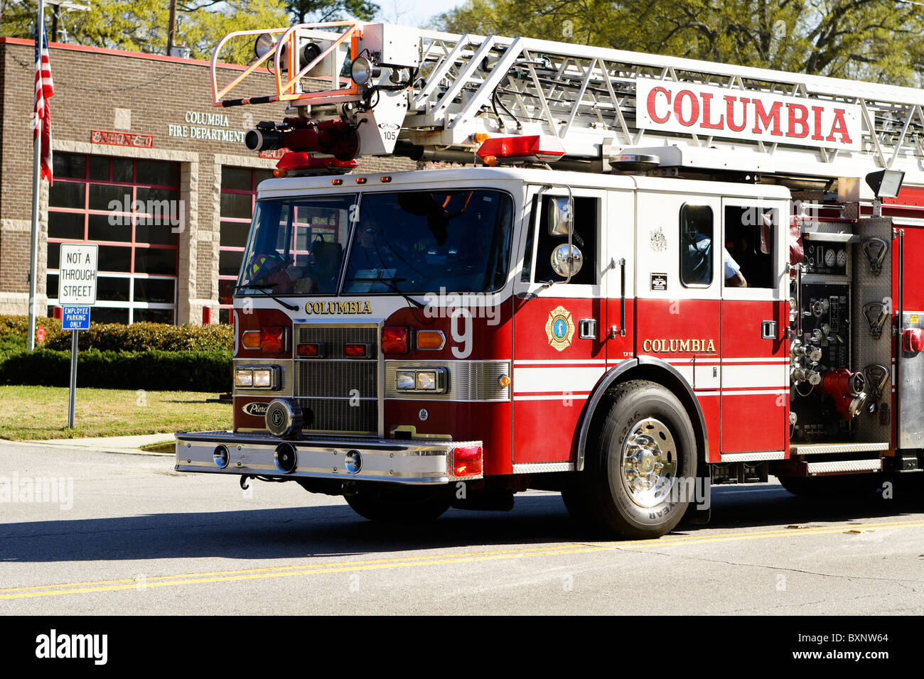 Ladder 9 in front of Columbia Fire Department Station 9 - Shandon Fire Station, Columbia, SC, USA. Stock Photo
