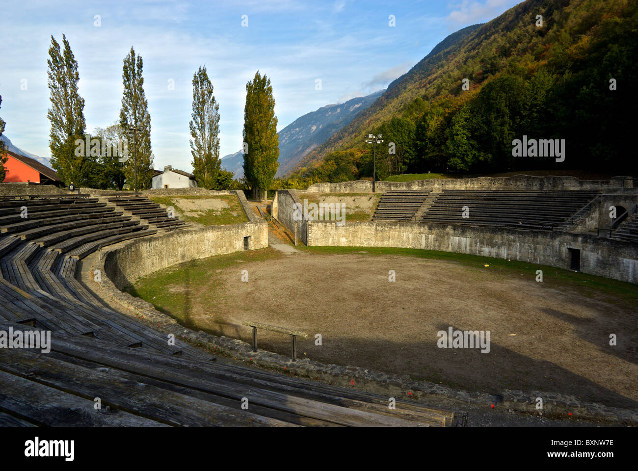 Excavated restored ancient Roman amphitheatre archaeological site Martigny Valais Switzerland Stock Photo