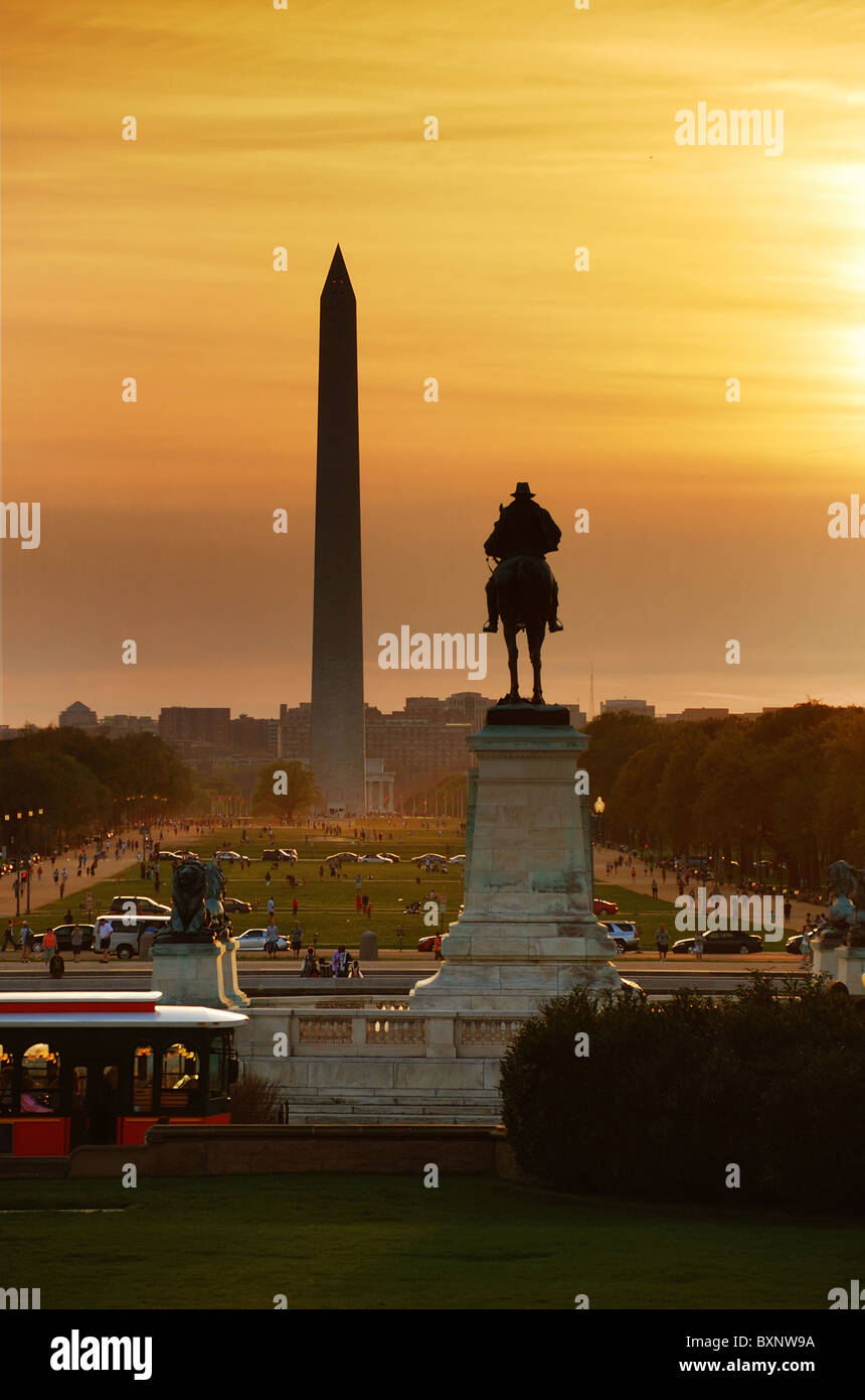 National Mall sunset in downtown Washington, D.C featured with Washington Monument and museums. Stock Photo