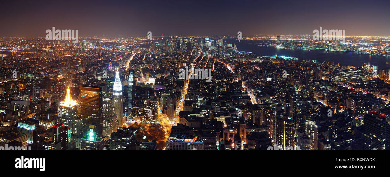New York City aerial view panorama with Manhattan skyline at night ...