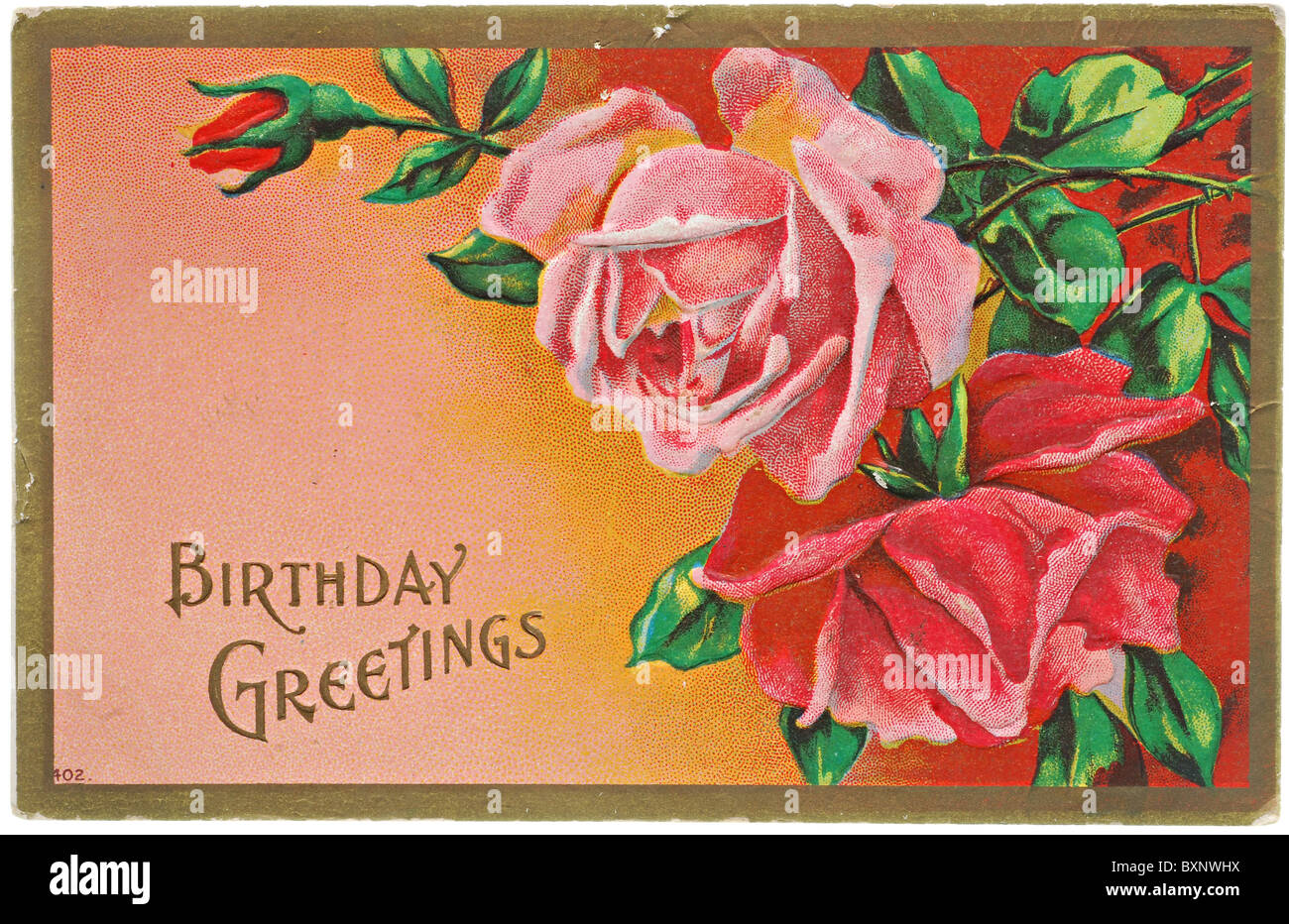 Vintage birthday greetings postcard with red roses Stock Photo