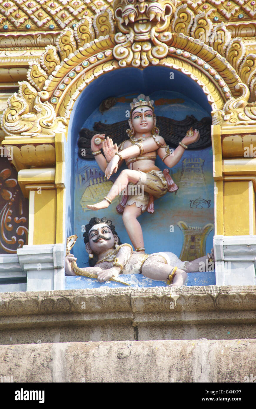 Statues of Hind gods Shiva temple entrance in Kanchipuram, Tamil Nadu