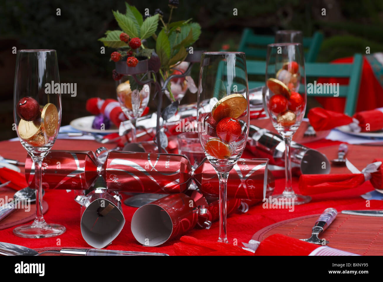 Table set outdoors for summertime Christmas lunch. South Africa Stock
