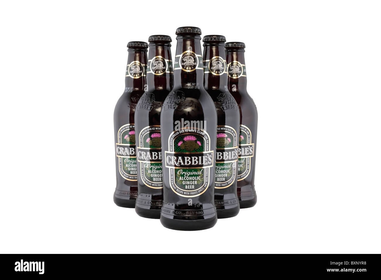 6 bottles of Crabbie's Original Alcoholic Ginger Beer in triangular formation Stock Photo