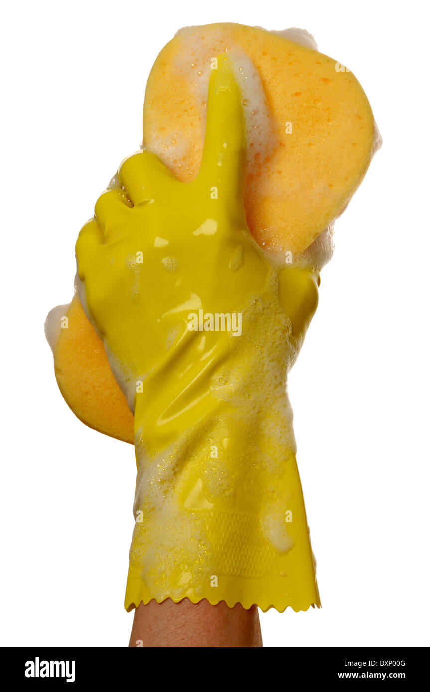 Yellow rubber glove and sponge Stock Photo