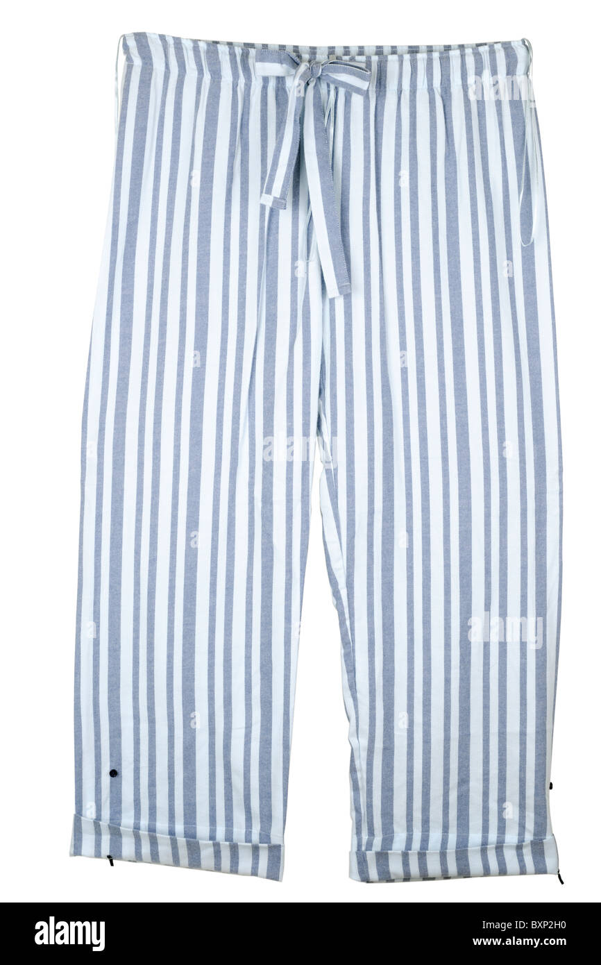 Ladies blue striped buttoned turnup legs pyjama bottoms Stock Photo