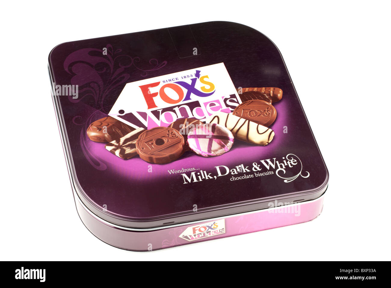 Tin box of Foxs wonders wondrous milk dark and white chocolate biscuits Stock Photo