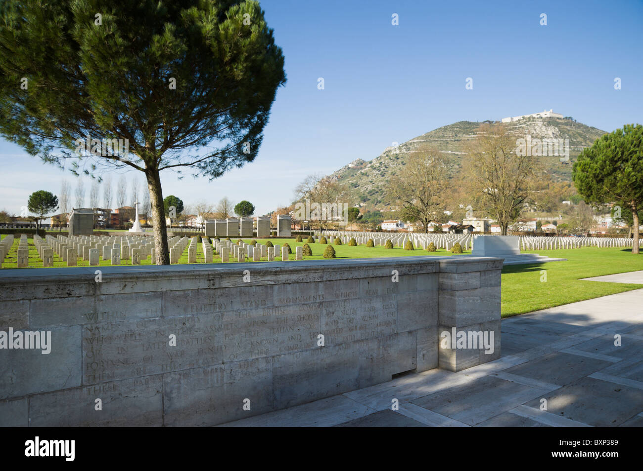 Cassino war cemetery, WW II (1939-1945) British allied forces war cemetery entrance with inscription and tombs view. Stock Photo