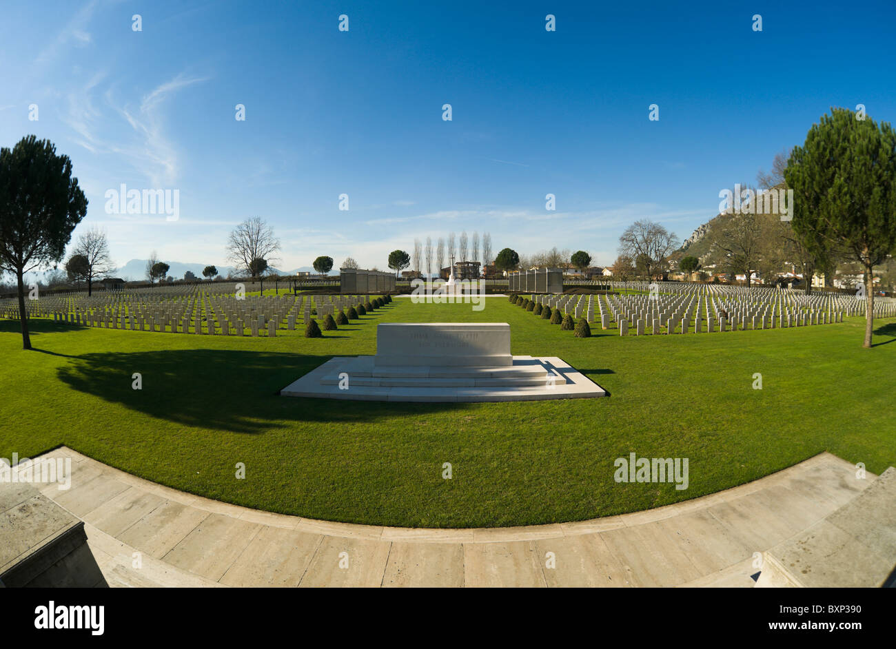 Fisheye lenses view of Cassino war cemetery, WW II (1939-1945) British allied forces war cemetery. Stock Photo