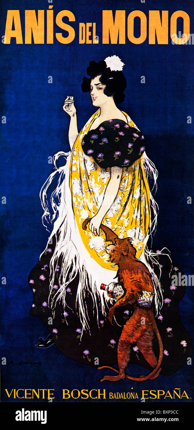 Anis del Mono, 1898 Art Nouveau poster by Casas for the Spanish aniseed spirit, helped by a monkey Stock Photo