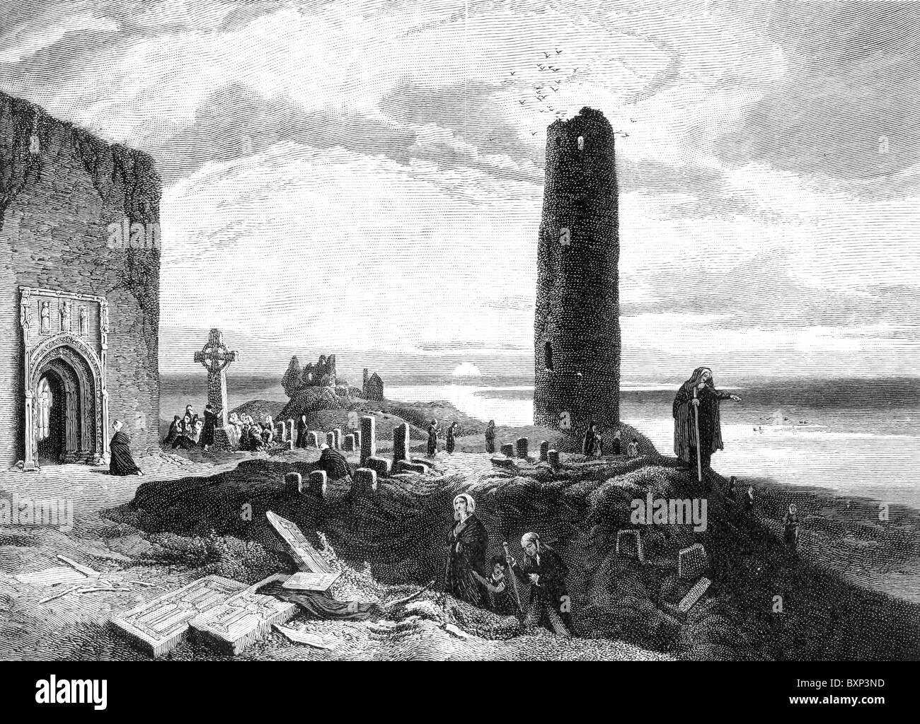 Clonmacnoise monastery, County Offaly, Ireland after an engraving by William Henry Bartlett; Black and White Illustration; Stock Photo