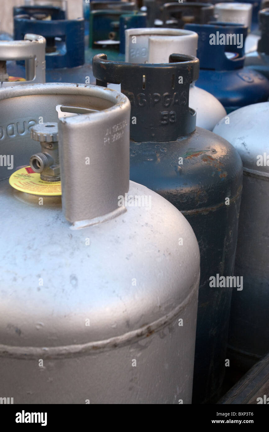 Group of domestic Gas GPL cylinders detail. Italy Europe Stock Photo
