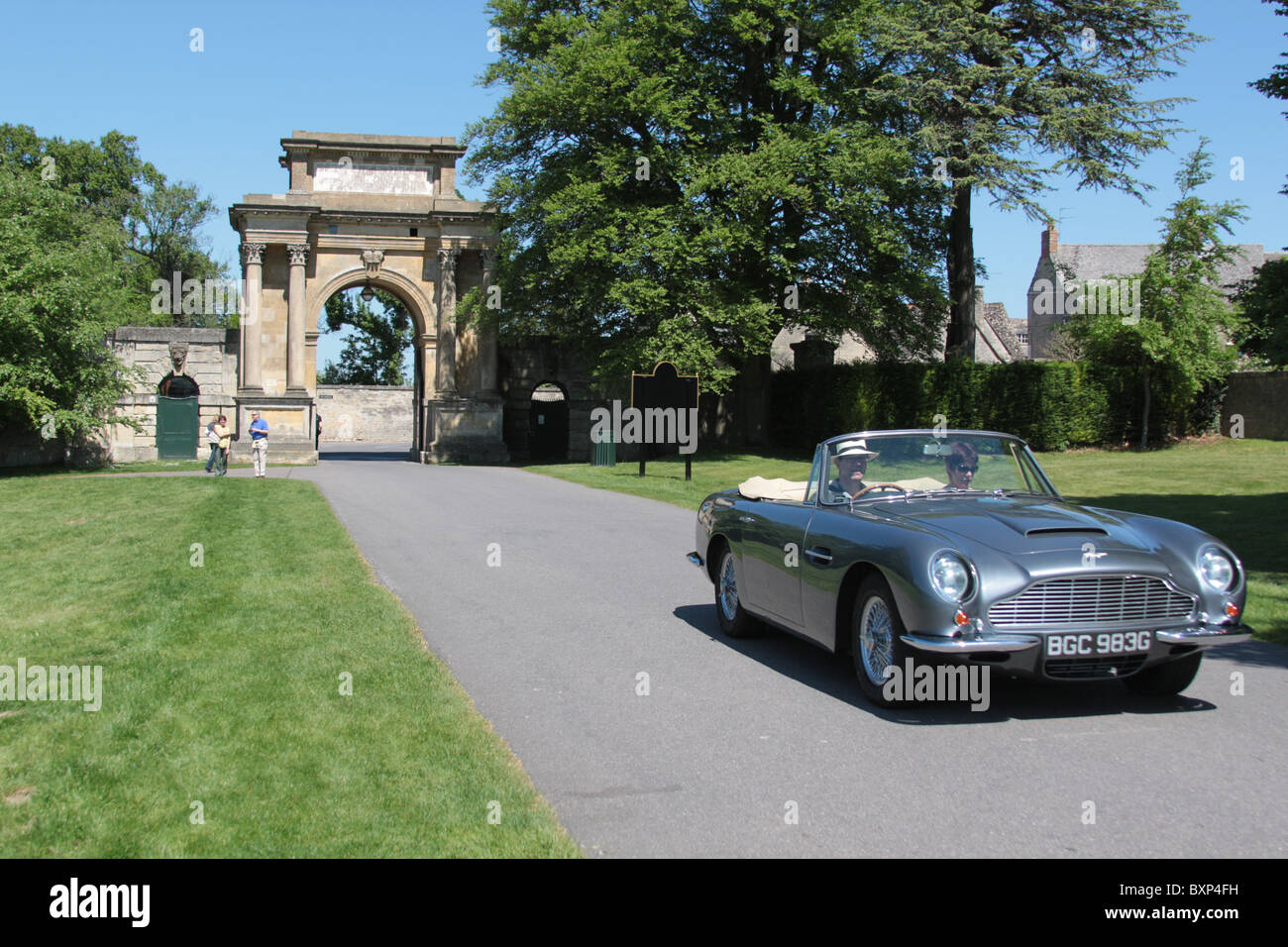 Classic 1963-1966 ASTON MARTIN DB5 Convertible in light blue at Blenheim Palace, Oxfordshire Stock Photo