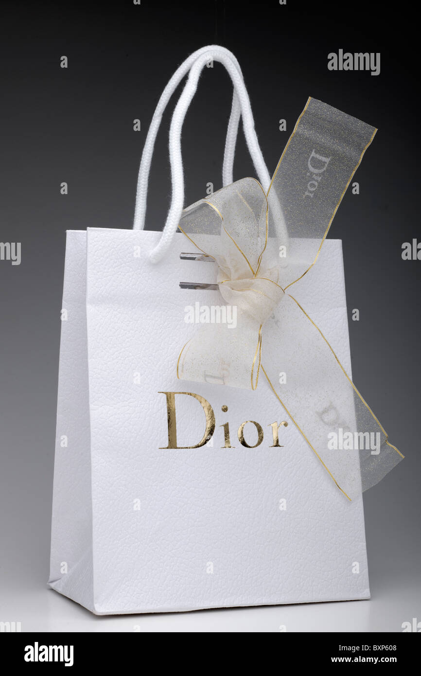 CHRISTIAN DIOR Medium Paper Gift Bag Ribbon 9 1/2 × 3 1/2× 7 White Gold