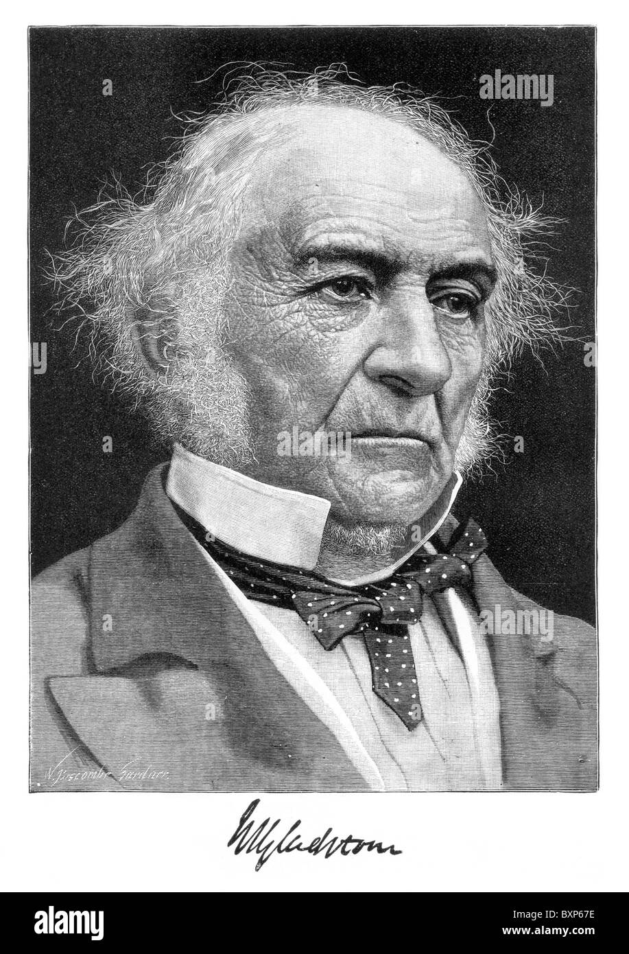 Portrait of William Ewart Gladstone, British Prime Minister and Liberal Politician; Black and White Illustration; Stock Photo