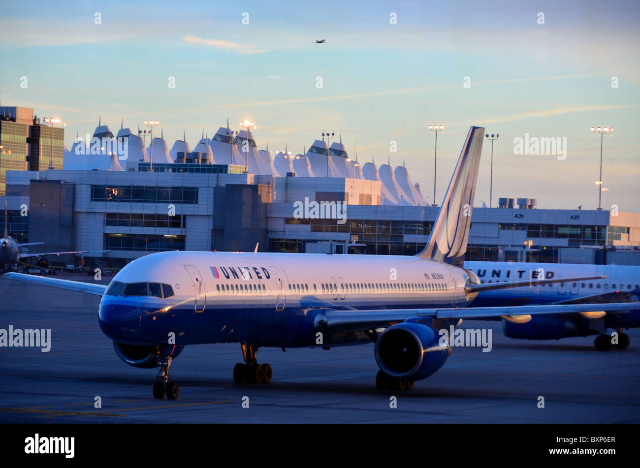 Airliners in airport tarmac. USA Stock Photo